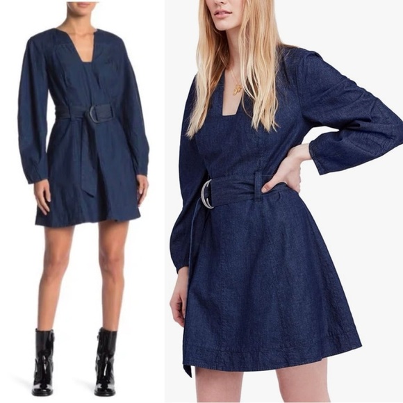 Free People Karmen Cotton Denim Mini Dress Deep Sea Wash Chambray Long Sleeve S - Picture 1 of 11